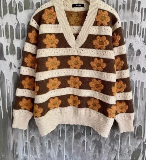 全新 古着复古花边领太阳花费尔岛套头毛衣 ...