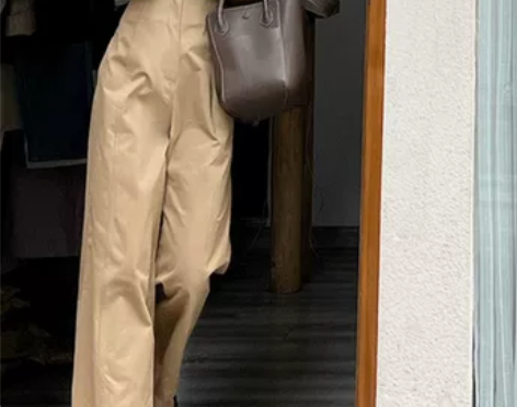 卡其色窄版西装阔腿裤女夏季高腰垂感直筒九分...