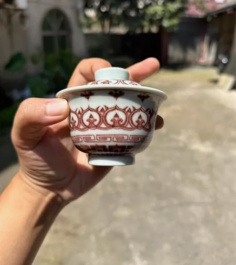 空谷元坊原矿釉里红宝相纹盖碗 岩茶盖碗#春...