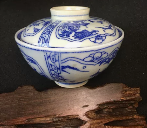 日本老物老青花盖碗二才碗老柴烧盖碗 青花釉...