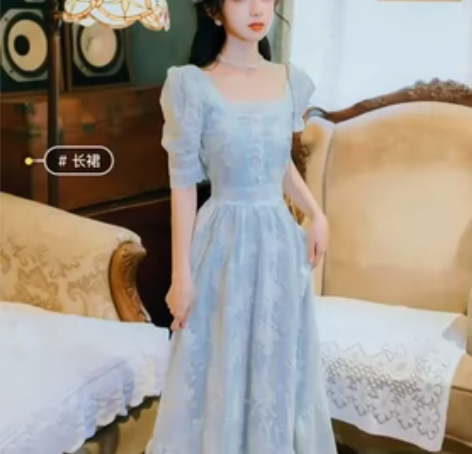 法式复古气质方领小清新连衣裙收腰显瘦仙女长...