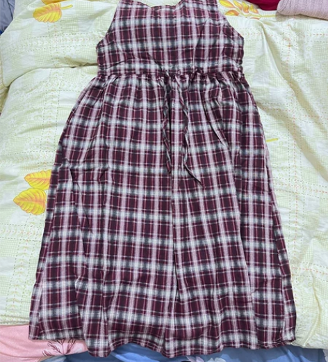 格子裙 背带裙 中间腰部有松紧 棉麻材质全...