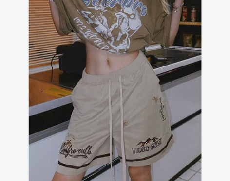 BeerBro美式哥特绣花街头运动五分裤女...