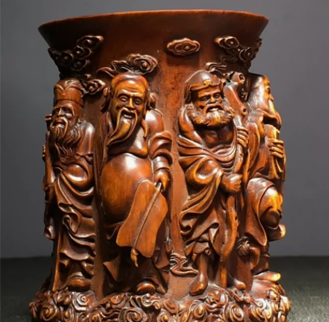 黄杨木雕刻(八仙笔筒)摆件，高10.5厘米...