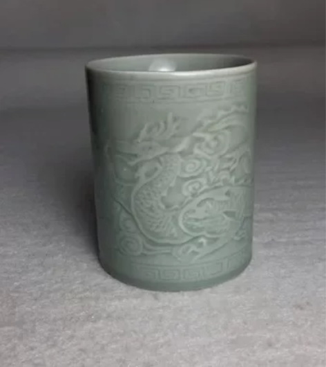 60年代双龙戏珠笔筒,书房笔筒,博古架摆件...