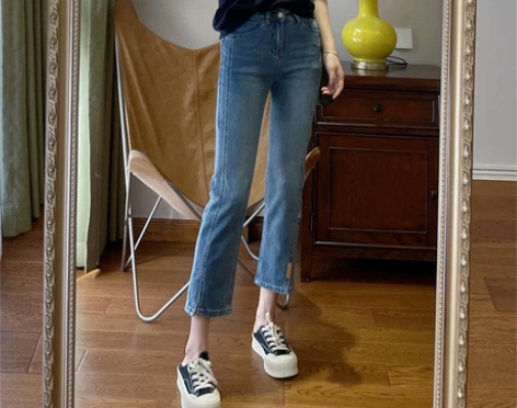 立体裁剪九分小开叉直筒裤小个子显瘦高腰牛仔...