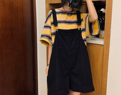 2023夏季新款大码背带短裤女胖妹妹小个子...