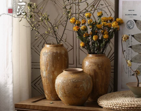 现代简约干花可水培日式小清新花瓶手工粗陶罐...