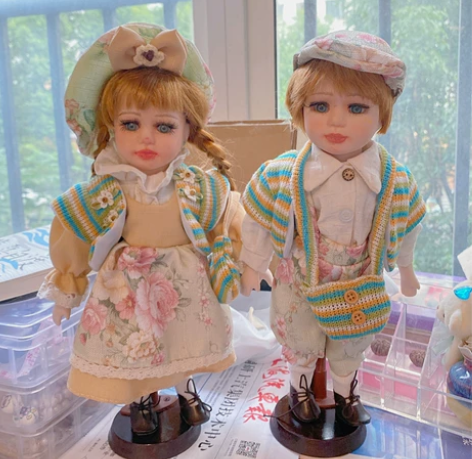 手脚可动的老陶瓷娃娃摆件一对vintage...