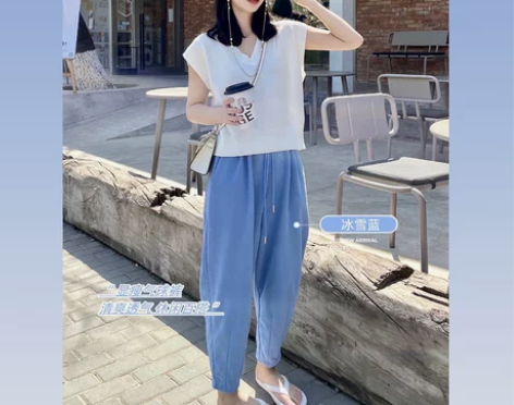 叶子休闲卫裤女高腰宽松哈伦九分运动花苞灰色...