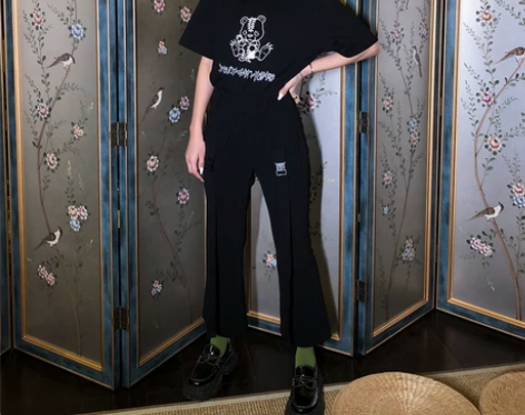 桥花垂感喇叭裤微喇九分裤子女秋冬长裤宽松学...