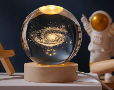 发光太阳系水晶球桌面小夜灯摆件星空玻璃球装...