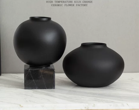 新中式现代简约大肚黑色陶罐花瓶高级感陶瓷摆...
