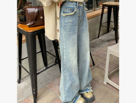 大码胖妹妹毛须边牛仔裤女秋季新款宽松显瘦高...