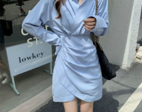 设计感小众法式气质不规则衬衫V领褶皱收腰显...