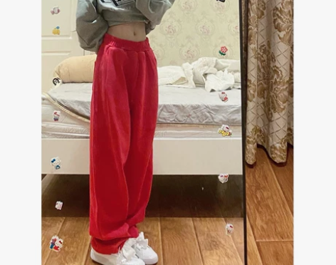 红色高腰直筒阔腿加绒卫裤女潮流街舞嘻哈宽松...