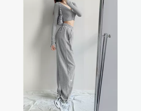 美式潮字母贴标宽松抽绳束脚裤秋冬灰色运动裤...