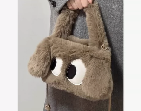 大眼小狗毛毛包2023秋冬新品毛绒包纯色卡...