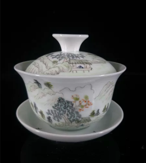 景德镇 手绘粉彩山水三才盖碗 感兴趣的话点...