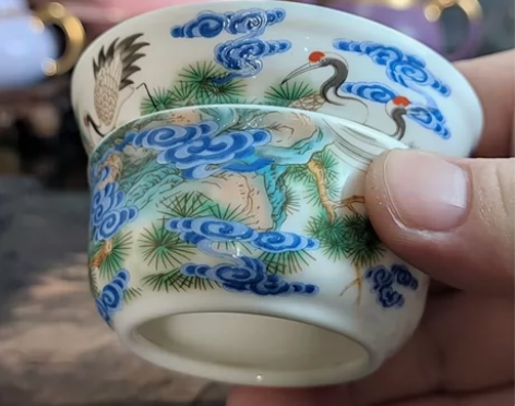 松鹤延年珐琅彩茶滤，纯陶瓷茶漏，高8公分，...