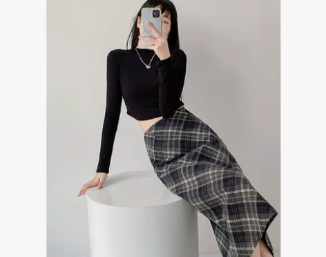 大码胖mm格子半身裙女秋冬季美式复古中长款...