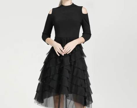 新款黑色露肩针织拼接网纱连衣裙荷叶边礼服气...