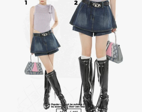 美式高腰牛仔半身短裙女甜辣妹设计感小众荷叶...