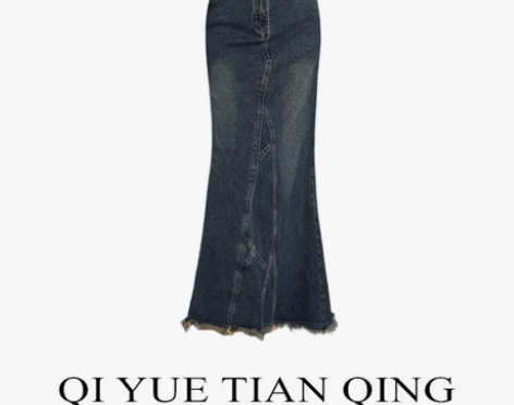 芭比+鱼尾牛仔半身裙女早秋高腰复古做旧开叉...