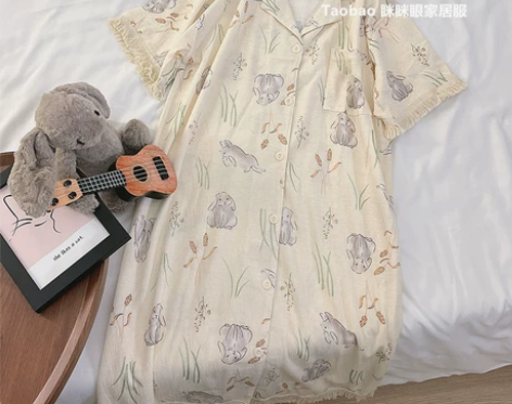 田园风睡裙夏季纯棉纱薄款可爱兔子大码宽松睡...