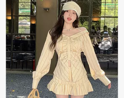 套装女法式甜辣风性感v领露肩长袖衬衣秋季新...