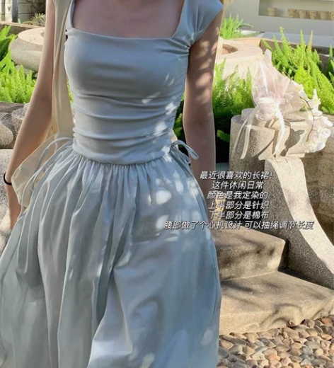 夏季新款极简风高腰显瘦镂空方领拼接针织长款...