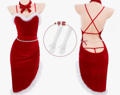 霏慕圣诞交叉裸背珠链饰腰高衩裙情趣内衣成人...