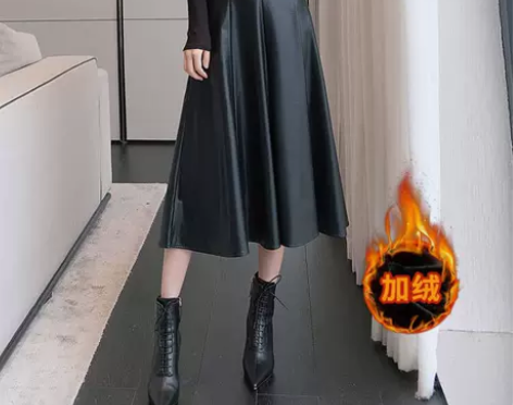 黑色皮裙半身裙秋冬弹力加绒真皮大摆裙pu皮...