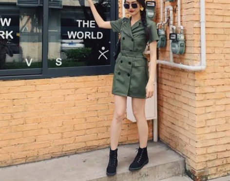 夏美式复古美少女帅气军旅风酷女孩 军绿色工...