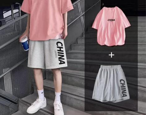 夏季五分裤两件套男外穿休闲五分袖短袖T恤篮...