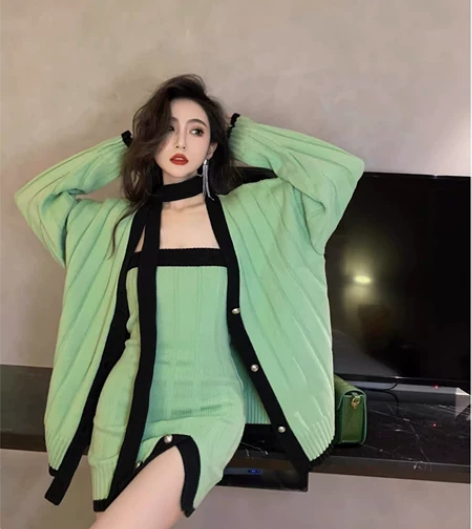 {当天发}毛衣女港风名媛小香风绿色裙子纯欲...