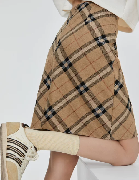 复古格纹毛呢a字裙秋冬季高腰中长款半身裙显...