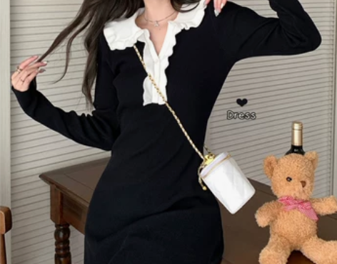 法式黑色长袖连衣裙女秋季设计感小众裙子收腰...