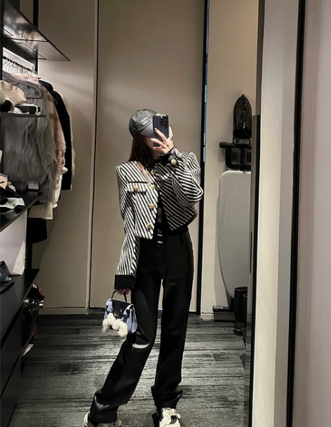 titi小姐姐 百搭黑色PU皮休闲显瘦长裤...