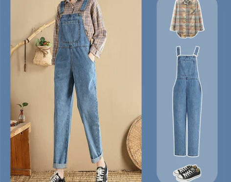 牛仔背带裤女韩版宽松春秋2021年新款小个...