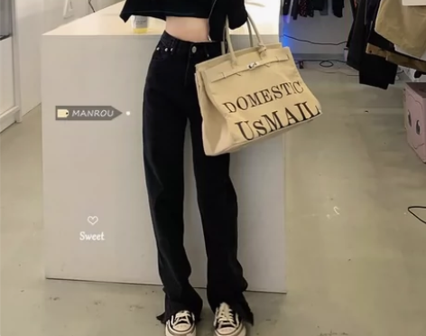开叉牛仔裤女小个子分衩微喇叭裤早春新款直筒...