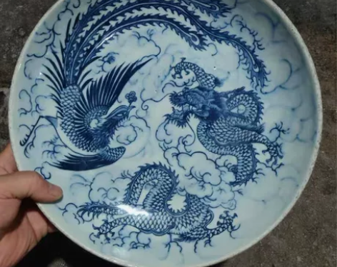 清代青花龙凤纹陶瓷盘子柴窑陶瓷盘子传世老味...