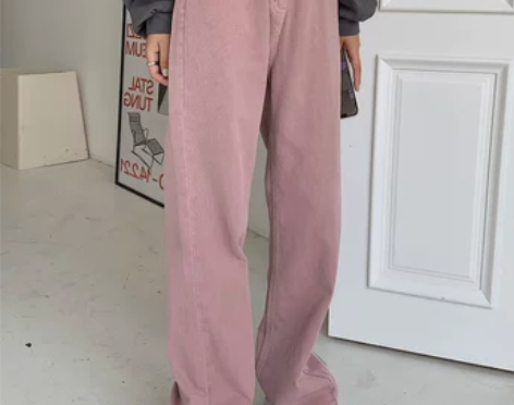 复古水洗做旧皮粉色高腰显瘦牛仔裤大码百搭宽...