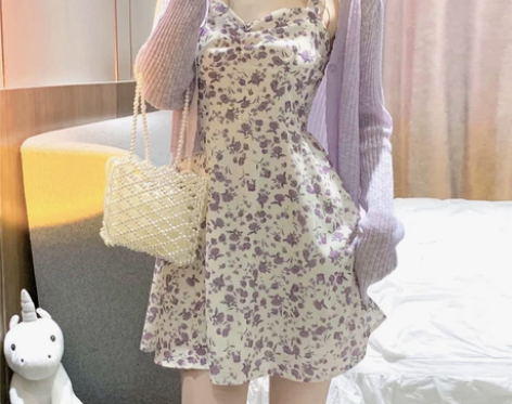 大码女装新款温柔风碎花吊带裙胖mm法式收腰...