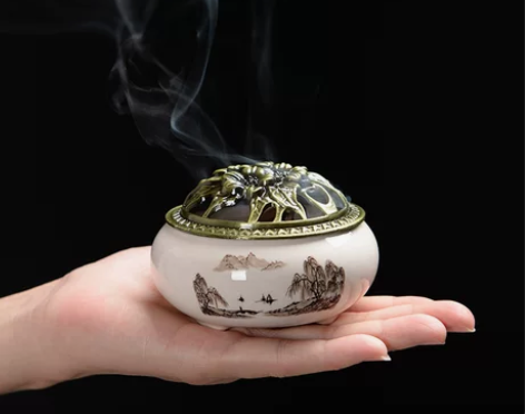 陶瓷香炉小号复古陶瓷艾灸香炉镂空铜盖檀香炉...