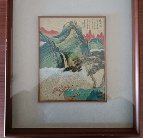 张大千 听泉图(带框),洒金纸手绘。 高档...