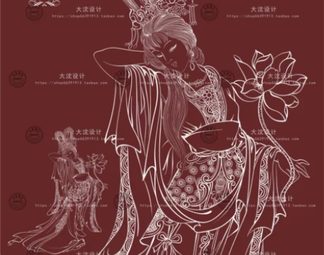 古人物何仙姑线稿侍女白描工笔高清矢量图pn...