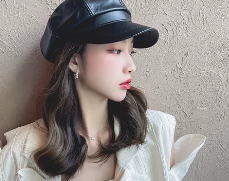 黑色网红pu皮质八角帽子女鸭舌英伦韩版潮秋...