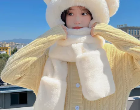 小熊帽子手套围巾三件套一体女秋冬季保暖加厚...