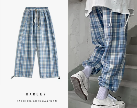 裤子韩版秋冬新款潮ins宽松格子休闲阔腿裤...